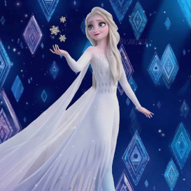 a white feminine person with long platinum blonde hair, blue eyes, red lips, and a long sleeved flowy white dress is smiling and creating snowflakes with her hands. the background is blue with floating diamonds.