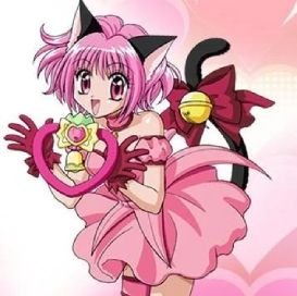 a  whte feminine person with pink eyes and short hair, cat ears and a cat tail with a bow and bell, a short off the shoulder light pink dress and dark pink gloves is smiling and striking a pose with her magical girl tool. the background is pink with hearts.