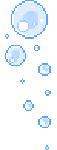 A string of blue-hued pixel bubbles flowating downwards and descending in size